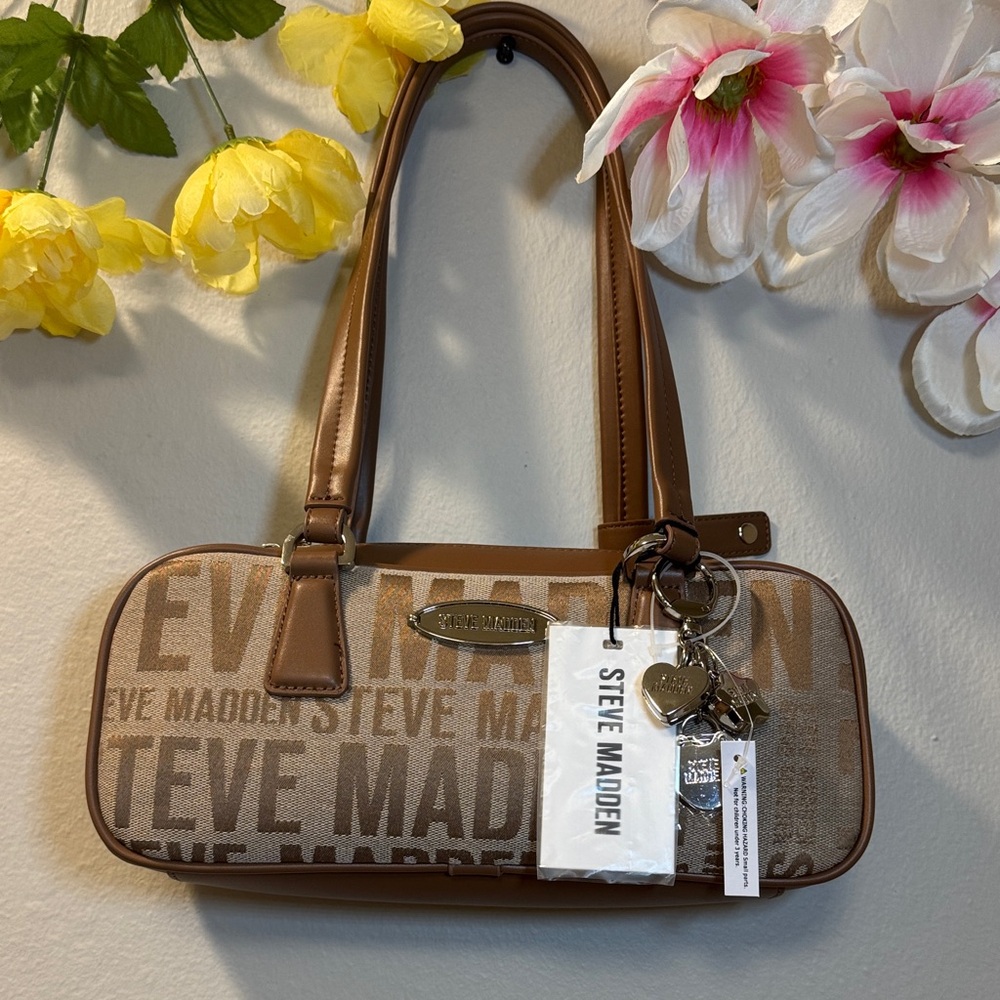 Steve Madden Beige and Brown Logo Shoulder Bag with Charm